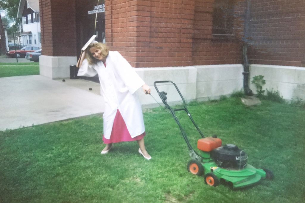 Mom and a lawn mower at the ESC