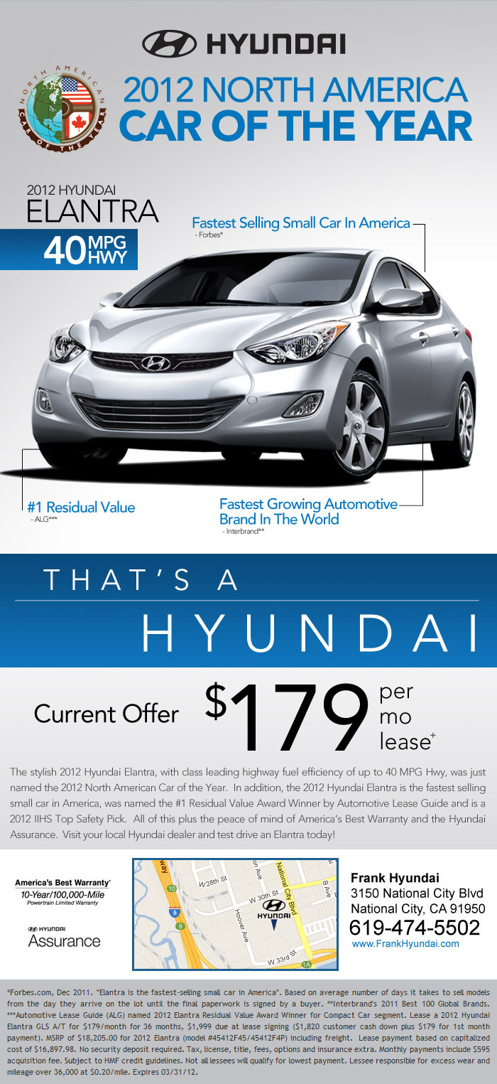 2012 Elantra Lease Special on Approved Credit at Frank Hyundai, San Diego, California