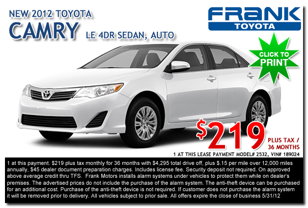 New 2012 Toyota Camry 4 cylinder Base Model for lease at Frank Toyota
