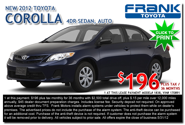 New 2012 Toyota Corolla 4 cylinder Base Model for lease at Frank Toyota
