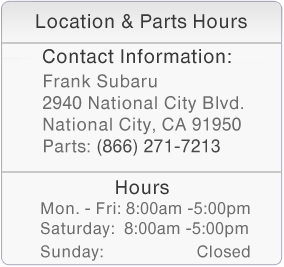 Frank Subaru Parts Center Hours of Operation & Location