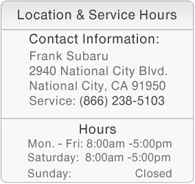 Frank Subaru Service Center Hours, Location, and Contact Information
