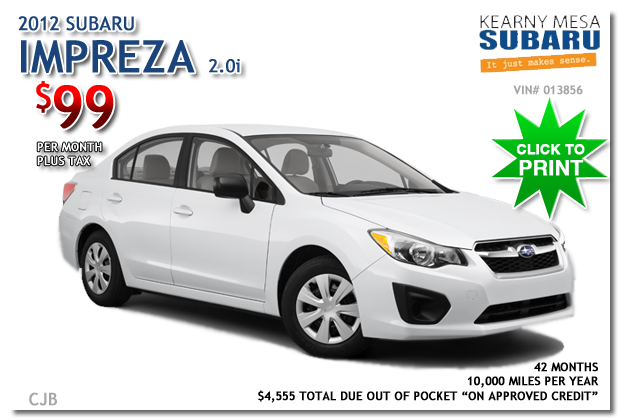 New 2012 Subaru Impreza 2.0i Lease Special at Kearny Mesa Subaru! New 2012 Subaru Impreza 2.0i Lease Special, Kearny Mesa, California