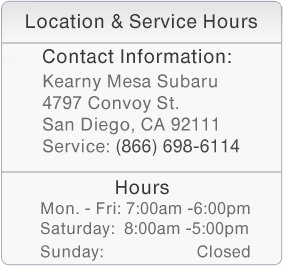 Kearny Mesa Subaru Service Department Hours, Location, and Contact Information