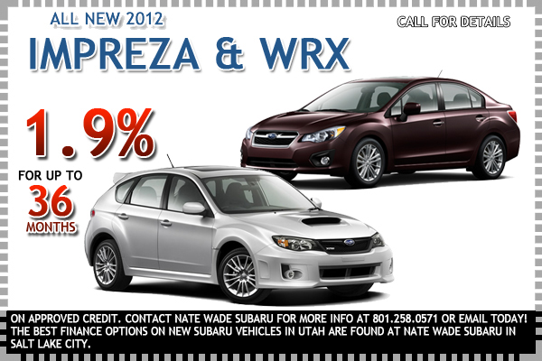 1.9% financing available on approved credit on 2012 Subaru Impreza and 2012 Impreza WRX for up to 36 months.