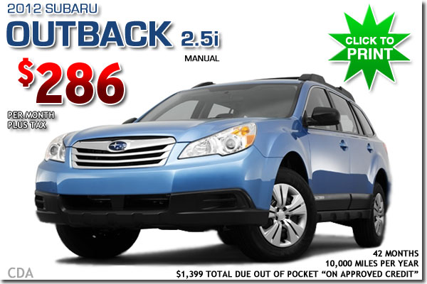 New 2012 Subaru Outback 2.5i for lease in Salt Lake City, Utah!