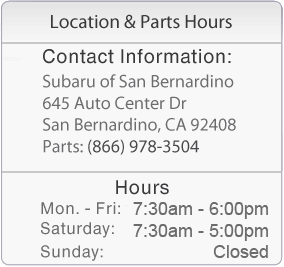 Subaru of San Bernardino Parts Department Hours & Location