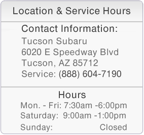 Tucson Subaru Service Department Location, Hours, Contact Information