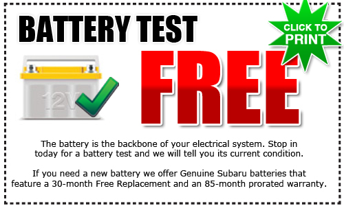 Free Battery Test for Subarus at Wentworth Subaru in Portland, Oregon Free Battery Test Service Coupon at Wentworth Subaru in Portland, Oregon