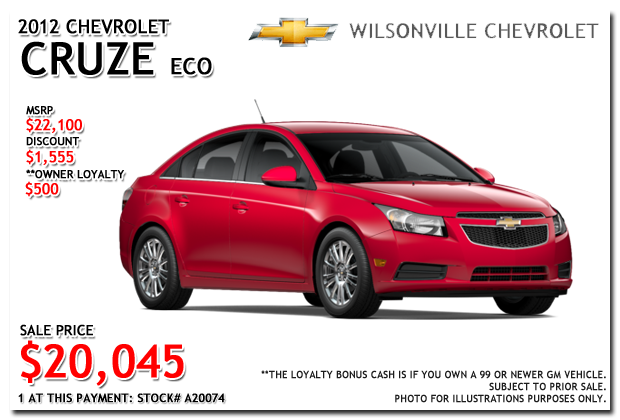 2012 Chevy Cruze Sedan ECO for sale at Wilsonville Chevrolet, Portland, Beaverton, Hillsboro, Oregon City, Tigard, McMinnville, Salem