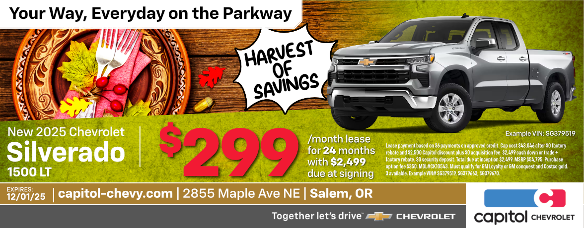 New 2025 Chevrolet Silverado 1500 | $299/ month for 36 months with $2,499 due at signing