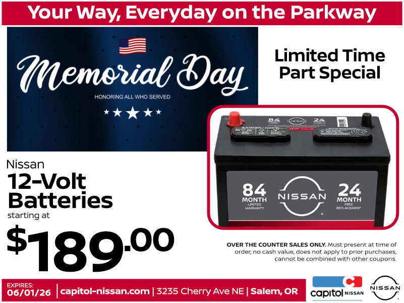 Nissan 12 Volt Batteries offer image Nissan 12 Volt Batteries | Expires: 6/01/2026