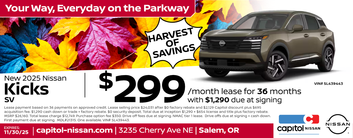 New 2025 Nissan Kicks SV | $299/ month for 36 months with $1,290 due at signing