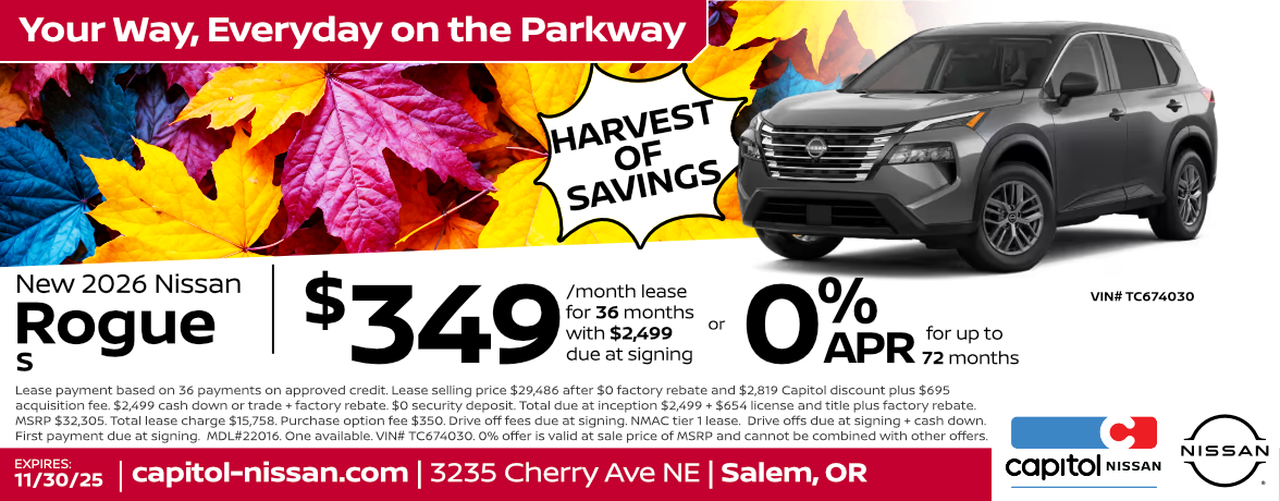 New 2026 Nissan Rogue S $349/ month for 36 months with $2,499 due at signing or 0% for up to 72 months