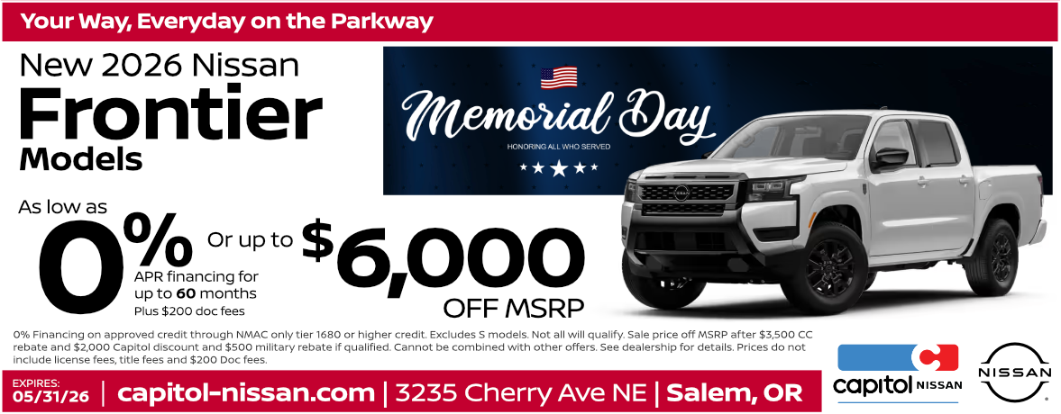 New 2026 Nissan Frontier Models as low as 0% APR financing for up to 60 months
