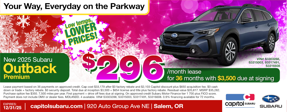 New 2025 Subaru Outback Premium special image New 2025
Subaru Outback Premium lease special offer | $296.00/ month for 36
months | Expires 12/31/25
