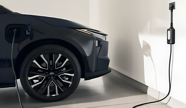 Electric Toyota model charging Front view of Electric Toyota at charging station