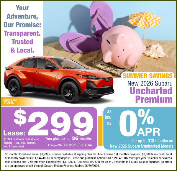 New 2026 Subaru Uncharted Premium offer image New 2026 Subaru Uncharted Premium | Expires 6/30/26