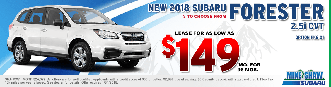 Lease a 2018 Forester 2.5i Base CVT for a special low monthly payment at Mike Shaw Subaru serving Denver, CO Lease a 2018 Forester 2.5i Base CVT for a special low monthly payment at Mike Shaw Subaru serving Denver, CO