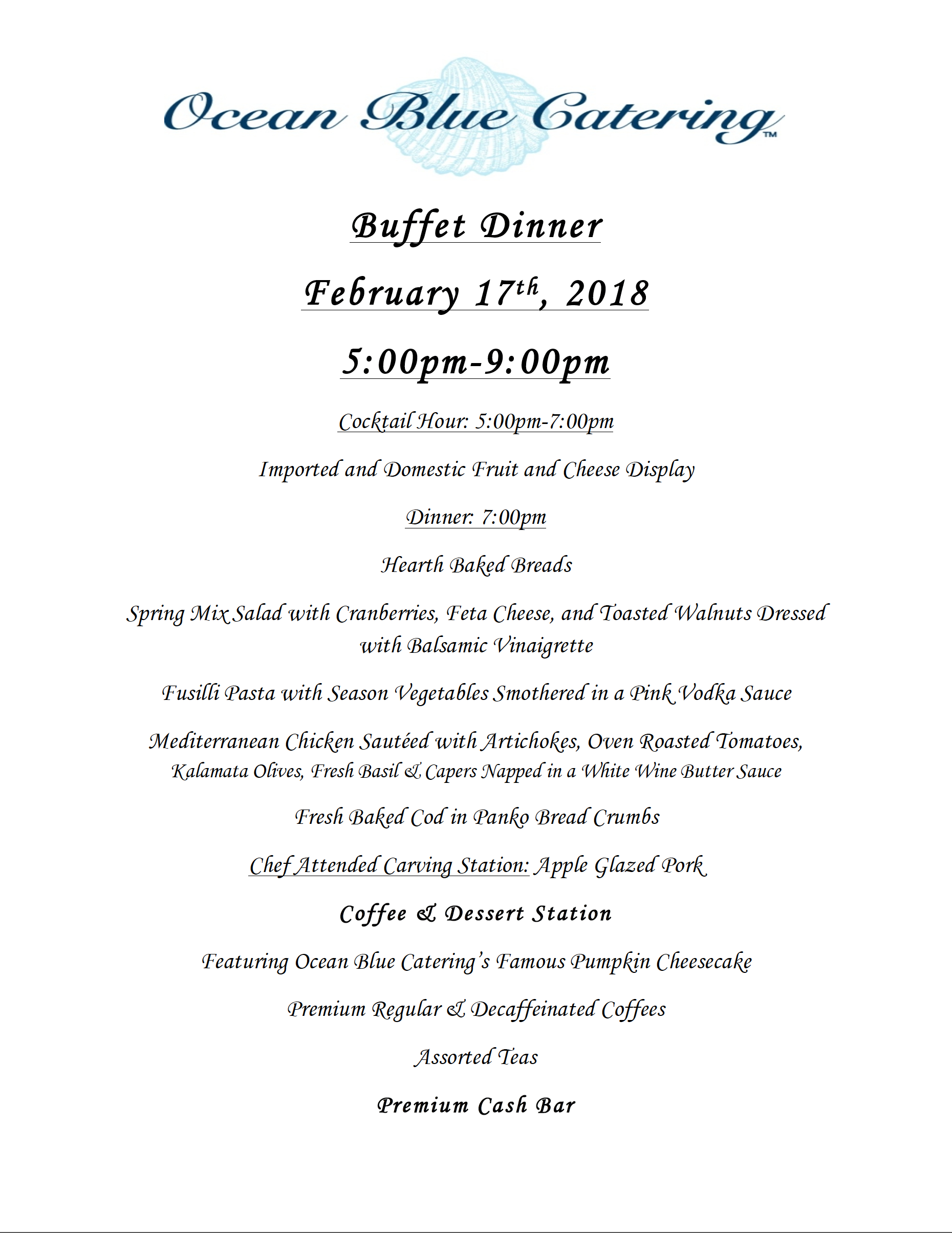 2018 Winter Dinner Menu