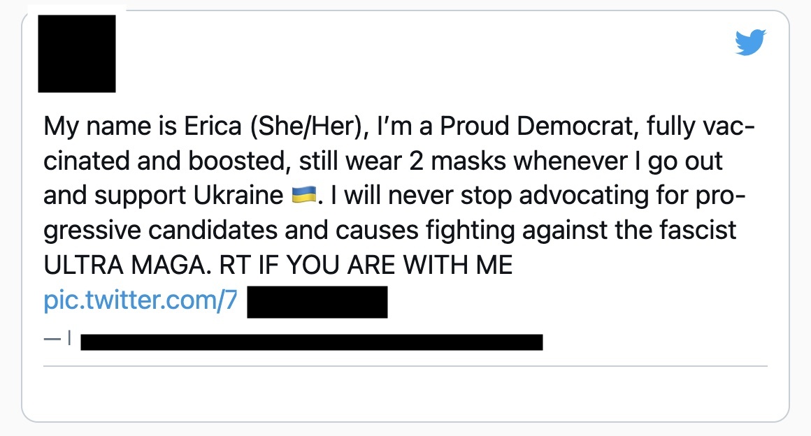 screenshot of a fake twitter account. The post reads 'My name is Erica (she/her).  I'm a Proud Democrat, fully vaccinated and boosted, still wear 2 masks when I go out and support Ukraine...
