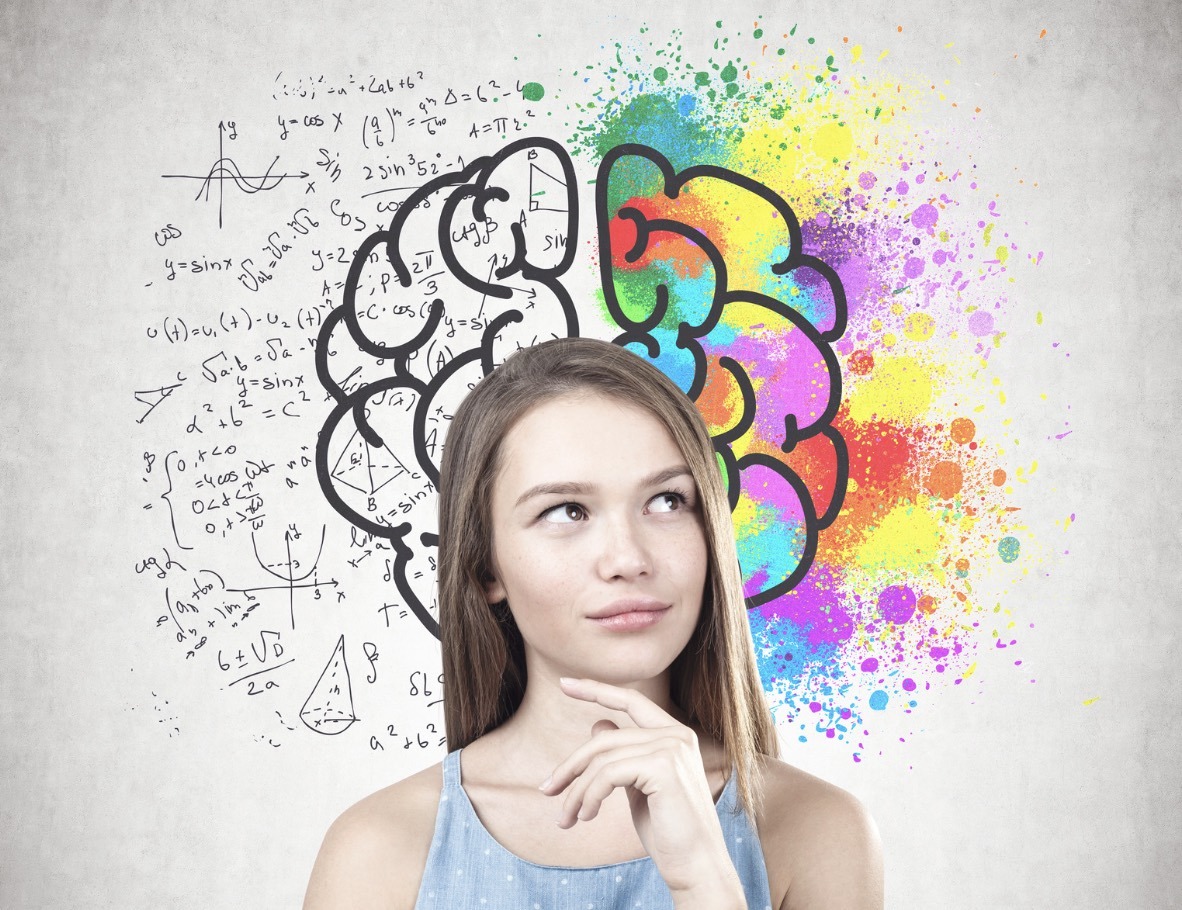 photo of teenage girl with a drawing of a brain behind her.  Mathematical symbols are on the left side and bursts of color on the right.
