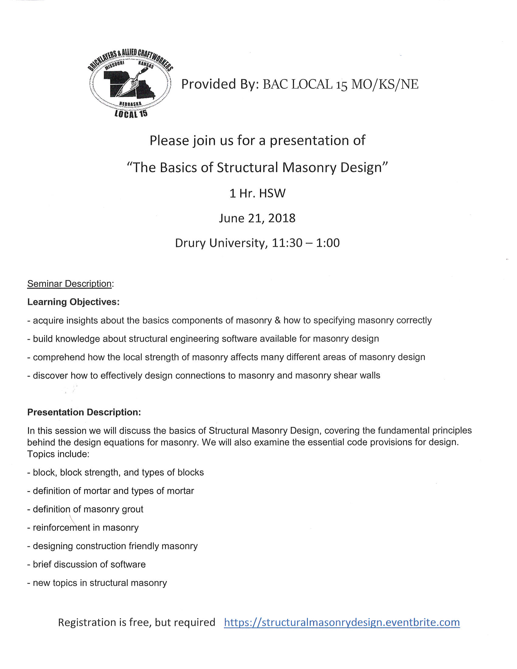 The Basics in Structural Masonry Design flyer The Basics in Structural Masonry Design flyer