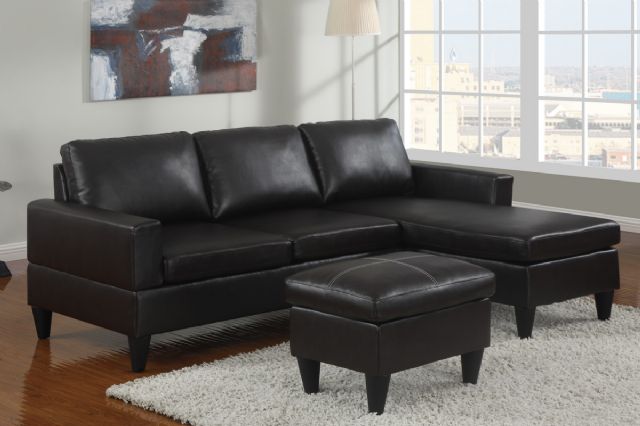 Black Bobkona Faux Leather Sectional Free Ottoman 