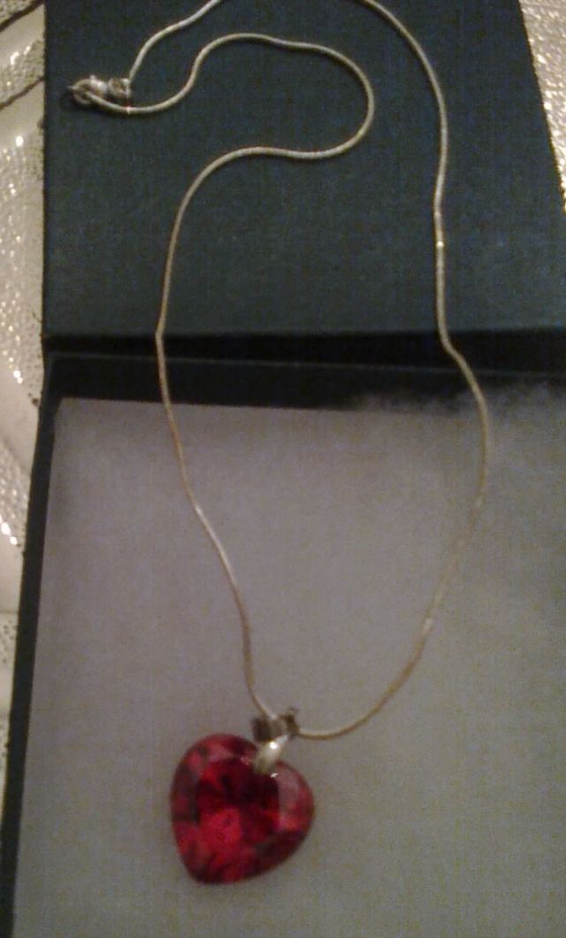 Pretty red crystal HEART necklace on silver chain