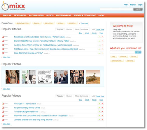La pagina principale di Mixx