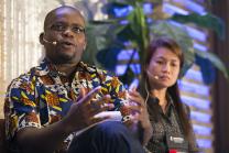 Isaac Broune (left) and April Gonzaga-Mercado lead a panel discussion on using communications as aid as part of the Game Changers Summit at the Opryland Hotel in Nashville, Tenn. Photo by Mike DuBose, UMNS