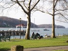 Northport, NY: A view of the harbor from a park bench.