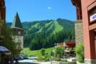 Summertime view of Mt. Todd from the center of Sun Peaks Village.  Photograph by Richard Anderson.