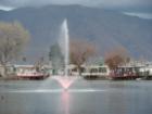 One of many fountains lit up at Reflection Lake in West Hemet, CA