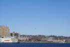Davenport's Mississippi Riverfront with eagles in the air.