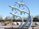 A sculpture of the U.S. Air Force Thunderbirds in diamond formation at the entrance of Nellis Air Force Base in Las Vegas, NV.