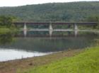 The famous Roebling Bridge in Lackawaxen, spanning the Delaware River, joining New York and Pennsylvania.  This bridge was an early prototype of the Brooklyn Bridge.