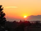 View from the Berkeley Hills as the sun sets over the Golden Gate Bridge across the bay.
