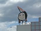 The famous, rolling eyes, Skookum Indian head now located on top of the Office Depot building on North Wenatchee Avenue in Wenatchee.  This is the same site, at the corner of 9th & Wenatchee Ave., where the Skookum Packers apple packing plant was located.