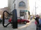 Looking down Wall Street(left) and Battery Park Ave separated by Flat Iron Building, Downtown Asheville