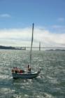 A boat near the Golden Gate Bridge.