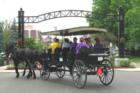 This is a view of the horse drawn wagon at the June 2007 Dayton Historic Lane Prominade near the ornimental gates
      