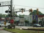 Railroad track that split downtown Woodstock in half.  The old shops are on the west side and the new town development is on the east side.