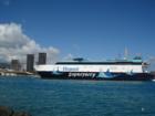 Hawaii Superferry arrives for the first time in Honolulu Harbor.