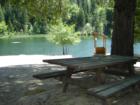 Picnic table at Fly-In Lake in Blue Lake Springs, Arnold