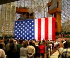 Inside the Crystal Cathedral as the giant American Flag is raised 9 stories high. Photo by Lynda Eisenmann
