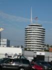 Capitol Records. The building was patterned after 45 rpm records (remember those? ) stacked up on touch of each other. Nowadays it would be a stack of CDs !