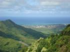 This view is from the Pali Lookout and shows the city of Kailua.  Just to the left (or west of Kailua is Marine Corps Base Kaneohe and then the city of Kaneohe.