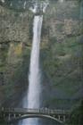 View of Multnomah Falls looking up to the bridge and the crest of the trailhead.