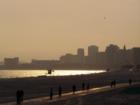 Dusk at the beach in Bluff Park, view of the Long Beach Bike Path on the Beach and of Downtown Long Beach Skyline across the bay.